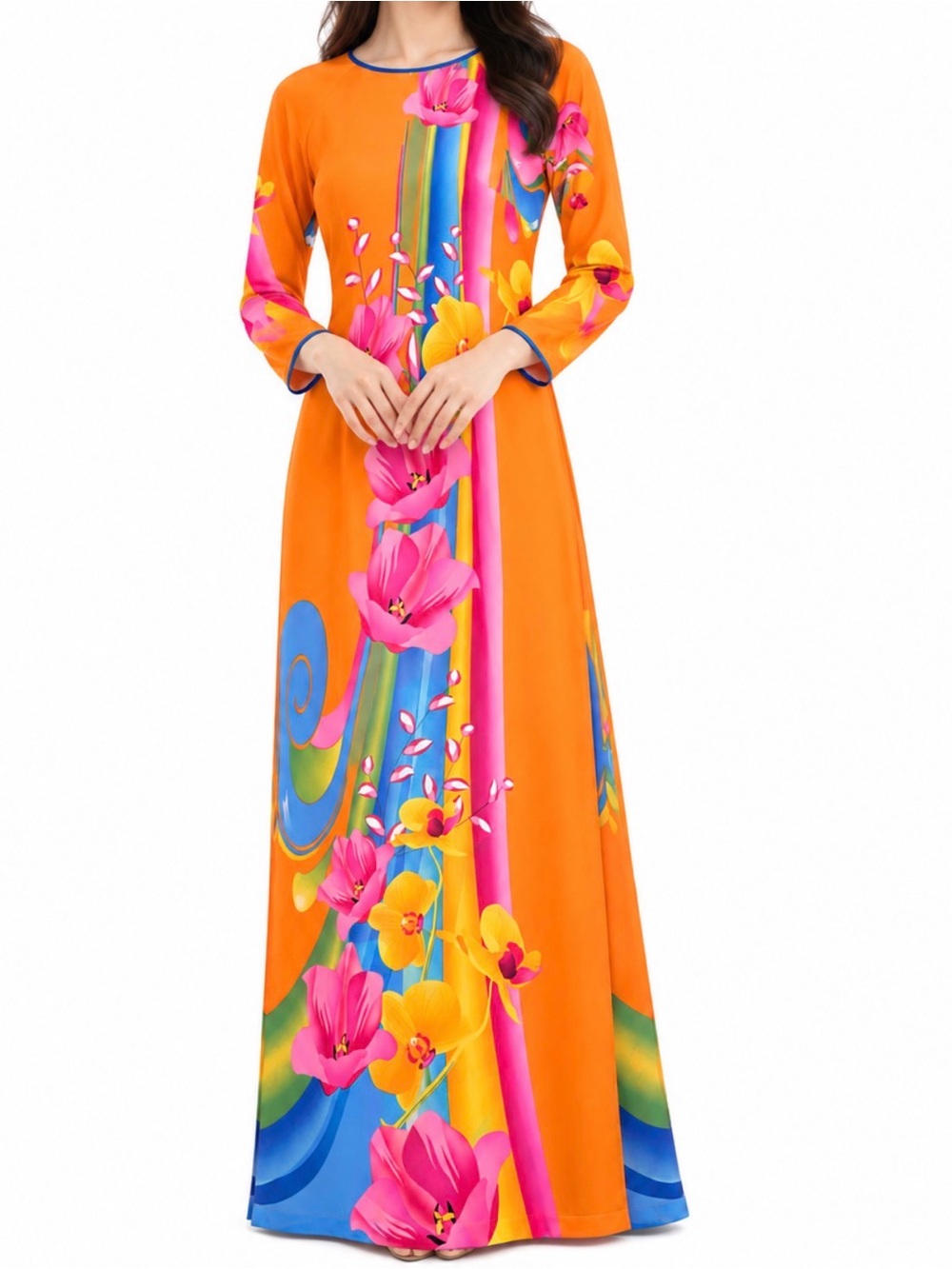 Handmade Vietnamese Ao dai orange ( chest 88cm, waist 74cm) zip closure no pants